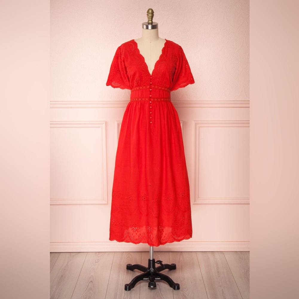 Red Eyelet Midi Dress | Size L